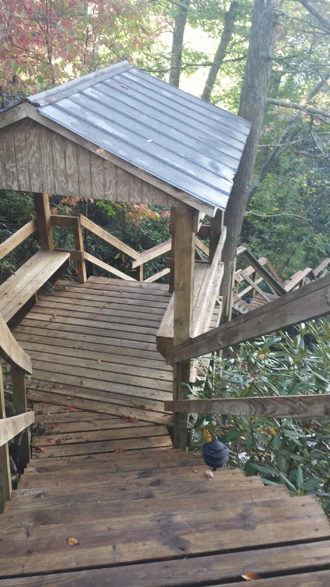 Metal roofed shelter over wooden steps on a wooded walkway — Skylight Repair & Installation work by our crew in Mc Alisterville
